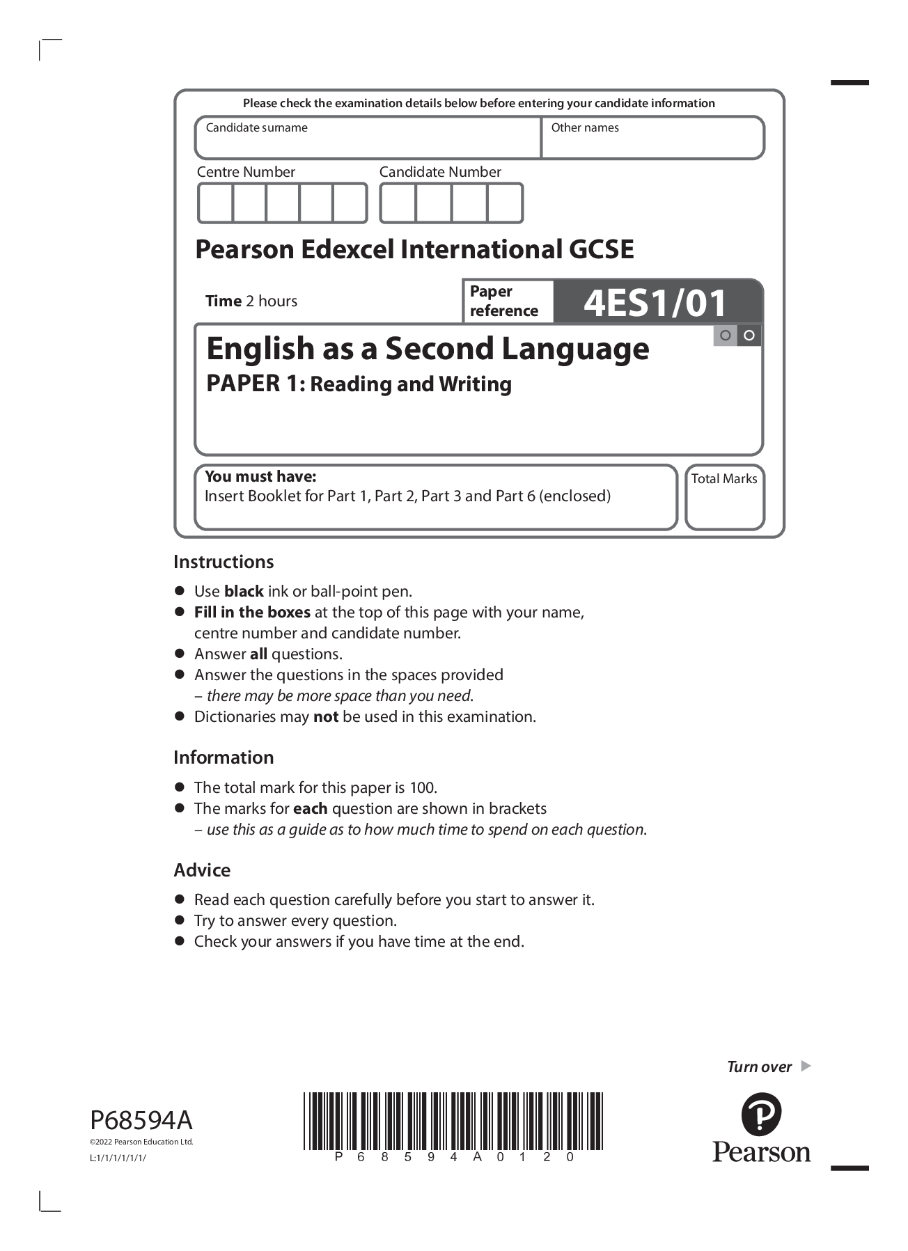 Preview image for 2022 pearson june booklet + mark scheme Edexcel International GCSE 4ES1/01 English as a Second Language PAPER 1: Reading and Writing